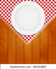 White Empty Plate on Kitchen Napkin at Wooden Boards Background Vector Illustration EPS10