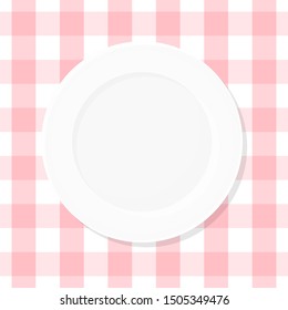 White empty plate on pink checkered tablecloth. Top view. Vector illustration, flat design