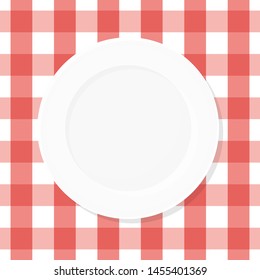 White empty plate on red checkered tablecloth. Top view. Vector illustration, flat design