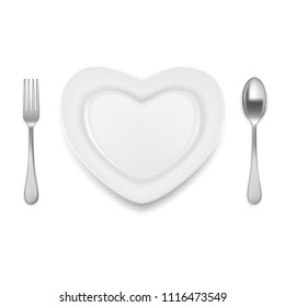 White empty plate in shape of heart, spoon, fork. Vector realistic illustration isolated on white background.