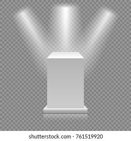 White Empty Podium Isolated On Transparent Background. Museum Pedestal With Spotlights. 3d Vector Illustration