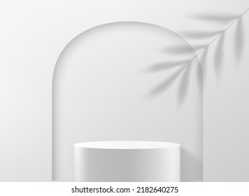 White empty podium on white wall with tropical plant shadow