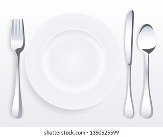 White empty porcelain plate with spoon, knife and fork. Vector illustration in realistic style.