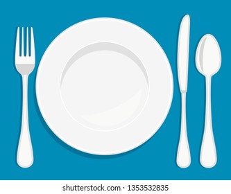 White empty porcelain plate with spoon, knife and fork. Vector illustration in flat style.