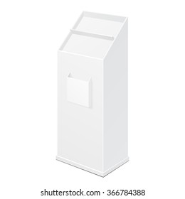 White Empty POS POI Cardboard Floor Display Rack For Supermarket Blank Empty Displays With Shelves Products On White Background Isolated. Ready For Your Design. Product Packing. Vector EFPS10 