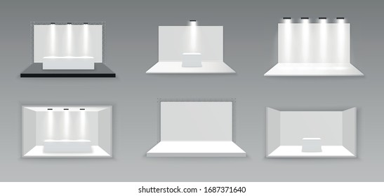 White empty promotional 3D exhibition booth. Scene show Podium for presentations. White empty indoor exhibition stand for presentation with spotlight  on the gray background. Vector illustration, EPS 