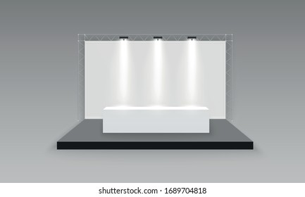 White empty promotional 3D exhibition booth. Scene show Podium for presentations. White empty indoor exhibition stand for presentation with spotlight  on the gray background. Vector illustration, EPS 