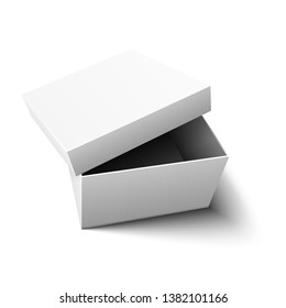 White empty realistic open cardboard box with cover, mockup, templete, promotion. Storage and transportation of items. Isolated on light background. Eps10 vector illustration.