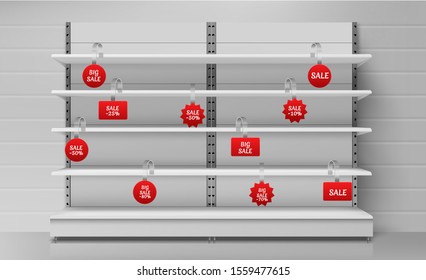 White empty retail department shelves with red wobblers. Vector realistic mockup of supermarket showcase displays with promotion labels. 3d template of retail store rack