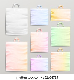 White Empty Reusable Plastic Shopping Realistic Bags Set With Handles. Close Up Mock Up. Vector Illustration