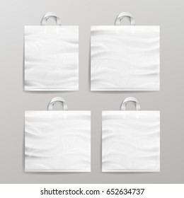 White Empty Reusable Plastic Shopping Realistic Bags Set With Handles. Close Up Mock Up. Vector Illustration