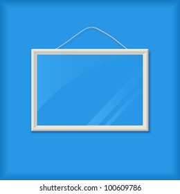 White Empty Ribbed Frame with Glass on Blue Wall. Vector Illustration with Cope-Space for Message
