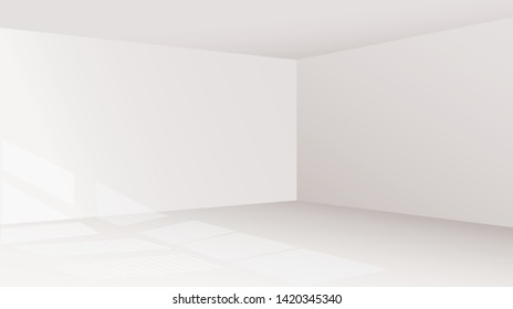 White empty room concept with sun light from windows, vector illustration. Perspective floor, celling and walls with corners, minimal blank inside interior.