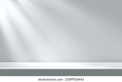 White empty room illuminated by the sun rays with table surface. Product presentation template.