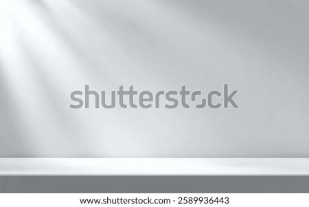 White empty room illuminated by the sun rays with table surface. Product presentation template.