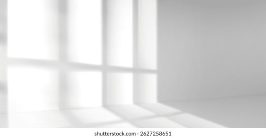 White empty room interior with window shadow silhouettes cast on blank wall from bright sunlight. Minimalistic background with black and white photo effect. Realistic abstract geometric shapes.