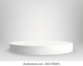 White empty round pedestal. White round podium advertising display of items on a white background.