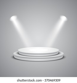 White empty round stage with glowing spotlights. Vector illustration.
