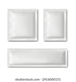 White empty sachet packaging. Blank packet for food or medicines. Realistic set