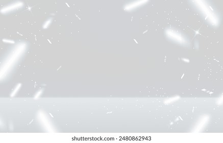 White empty scene with falling confetti and glitters sparkles. Empty gray studio background. Minimal scene for mockup products, showcase, promotion display. Simple and clean. Elegant Vector EPS10.