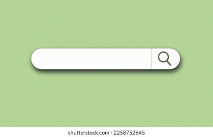 Weiße leere Suchleiste auf pastellgrünem Hintergrund. 3D-Ansicht Web-Suchleiste und Web-Suche Symbol Illustration. Web-Vektorgrafik-Internetsuchkonzept mit weichem grünem Hintergrund.