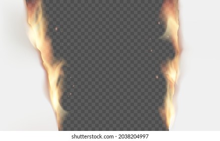 White empty sheet of paper with burning fire edges. Template isolated on a transparent background. Vector illustration