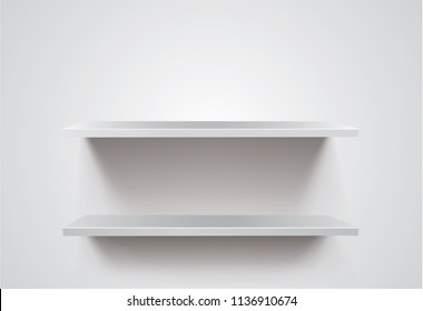 White Empty Shelf On White Wall. Vector Mockup