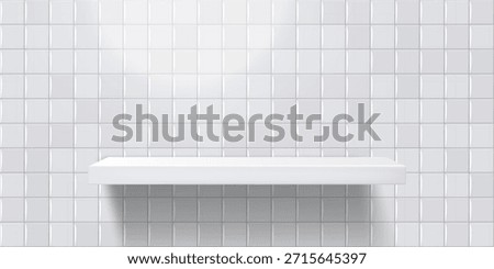 White empty shelf on a white-gray wall with realistic square tiles. Vector illustration.