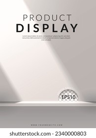 White empty shelf with sun light and window frame shadow shine on white wall. Vector illustration