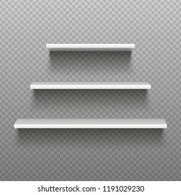 White empty shelves. Blank bookshelves. Simplicity store interior, retail supermarket showcase shop ledge or merchandise racks, shopping rack 3D display. Isolated realistic vector illustration