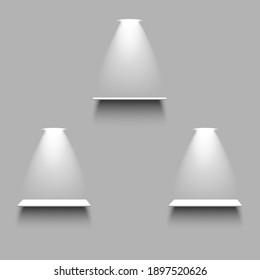 White empty shelves with light and shadow on grey background. 3d realistic vector design elements set 