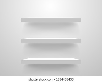 White empty shelves on light wall. Interior design mockup. Realistic store shelf template. Library bookshelf collection. Showcase blank. Vector illustration.