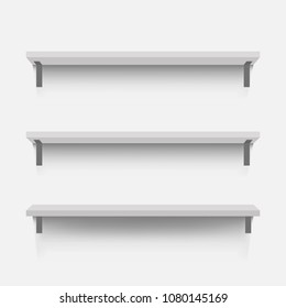 White empty shelves on the wall. A realistic image of shelves with a shadow on a white wall.