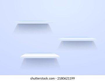 White empty shelves on white wall. 3D vector mockup