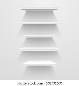 White empty shelves on white wall. Vector mockup