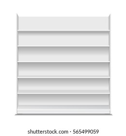 White empty showcase displays with retail shelves. Front view 3D isolated. Template for advertising. Vector