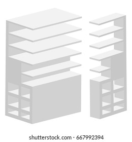 White empty showcase displays with retail shelves. Perspective view. Template for advertising. Vector 3D isolated