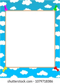 White empty signboard for text on blue sky background and clouds for mockups, presentations.