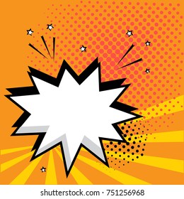White empty speech comic bubble with stars and dots on orange background. Vector illustration in pop art style
