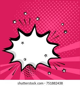 White empty speech comic bubble with stars and dots on pink background. Vector illustration in pop art style