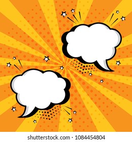White empty speech comic bubbles with stars and dots on orange background. Comic sound effects in pop art style. Vector illustration.