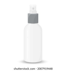 Botella blanca de pulverización vacía con tapa transparente, paquete cosmético, plantilla vectorial para publicidad, burla aislada sobre fondo blanco. Ilustración plana del vector