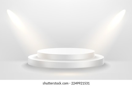 White empty stage illuminated with bright projectors. 3d vector 