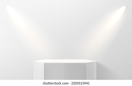 Estadio blanco vacío iluminado con podio y proyectores. 3.ᵉʳ vector 
