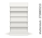 White empty store shelf rack mockup front. Product shelves counter design. Supermarket product advertising blank.
