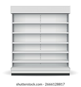 Branco vazio prateleira prateleira rack maquete frente. Projeto do contador de prateleiras do produto. Publicidade de produto de supermercado em branco.