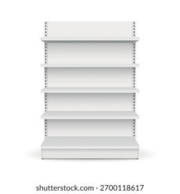 White empty store shelf rack mockup front. Product shelves counter design. Supermarket product advertising blank.