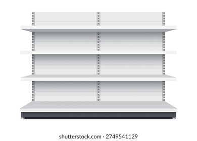 White empty store shelf rack mockup front. front view Product shelves counter design