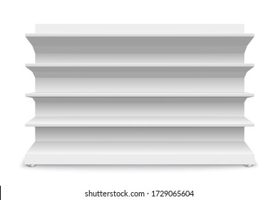 White empty store shelves isolated on a white background. Shelving for retail. Showcase template. Vector illustration