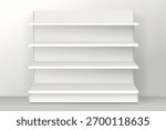 White empty store shelves. Retail shelf rack. Showcase display. Vector illustration. Realistic 3d vector illustration.